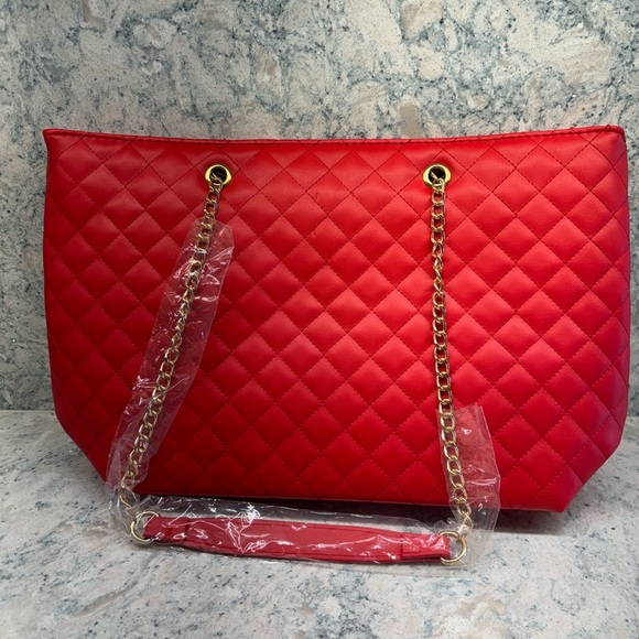 Badgley Mischka Red Vegan Leather Quilted Tote 19"x5"x17" MSRP $129 - Picture 2 of 5